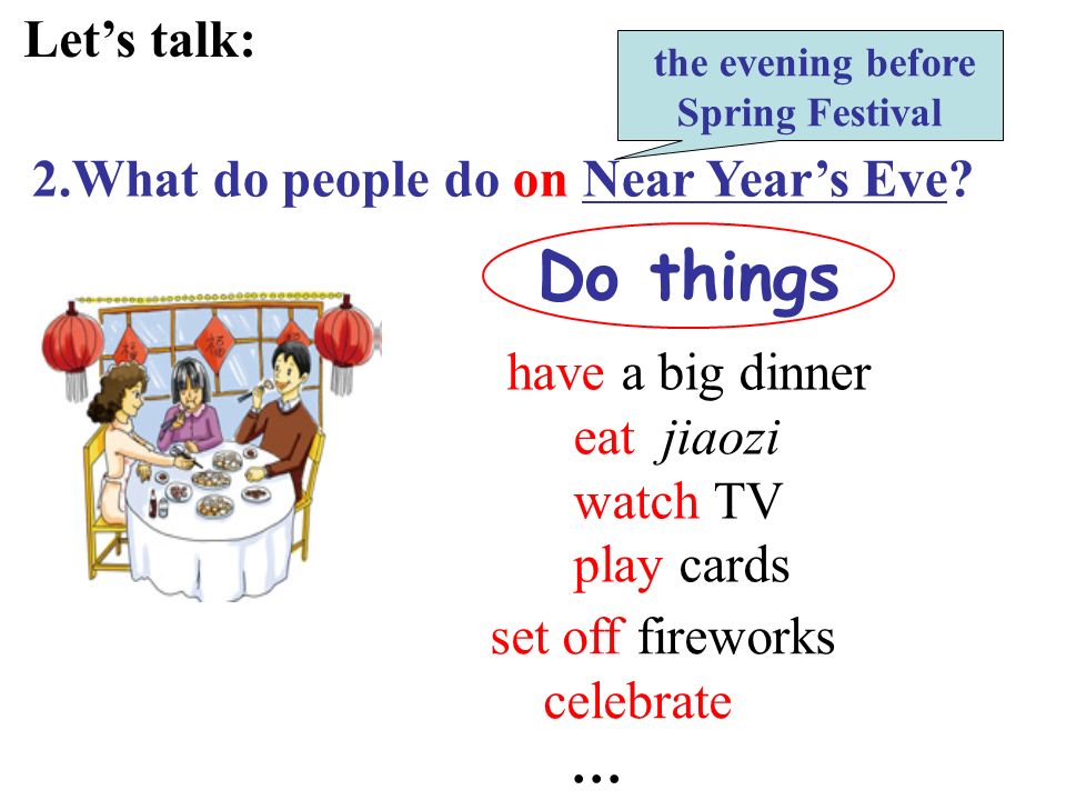 set off fireworks celebrate … have a big dinner eat jiaozi watch TV play cards Lets talk: 2.What do people do on Near Years Eve.