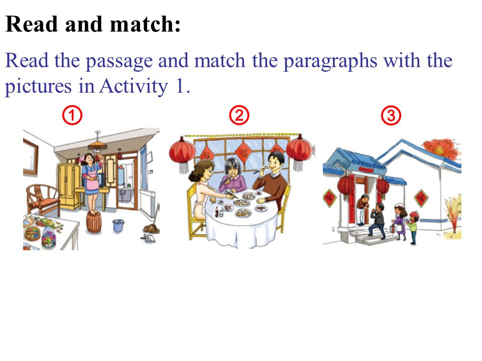 Read the passage and match the paragraphs with the pictures in Activity 1. Read and match: