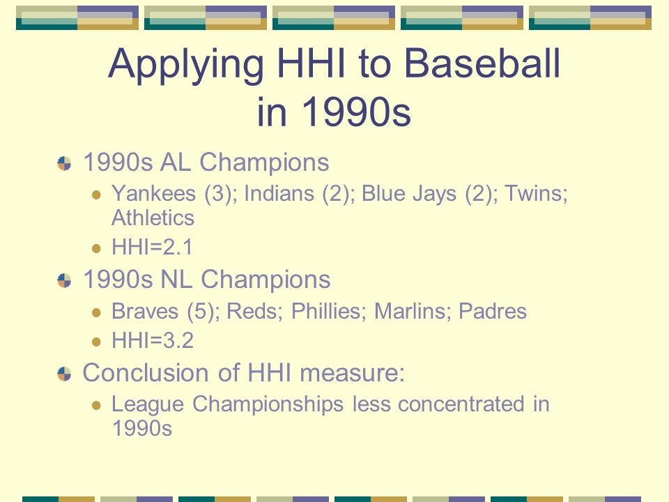 Applying HHI to Baseball in 1990s 1990s AL Champions Yankees (3); Indians (2); Blue Jays (2); Twins; Athletics HHI= s NL Champions Braves (5); Reds; Phillies; Marlins; Padres HHI=3.2 Conclusion of HHI measure: League Championships less concentrated in 1990s