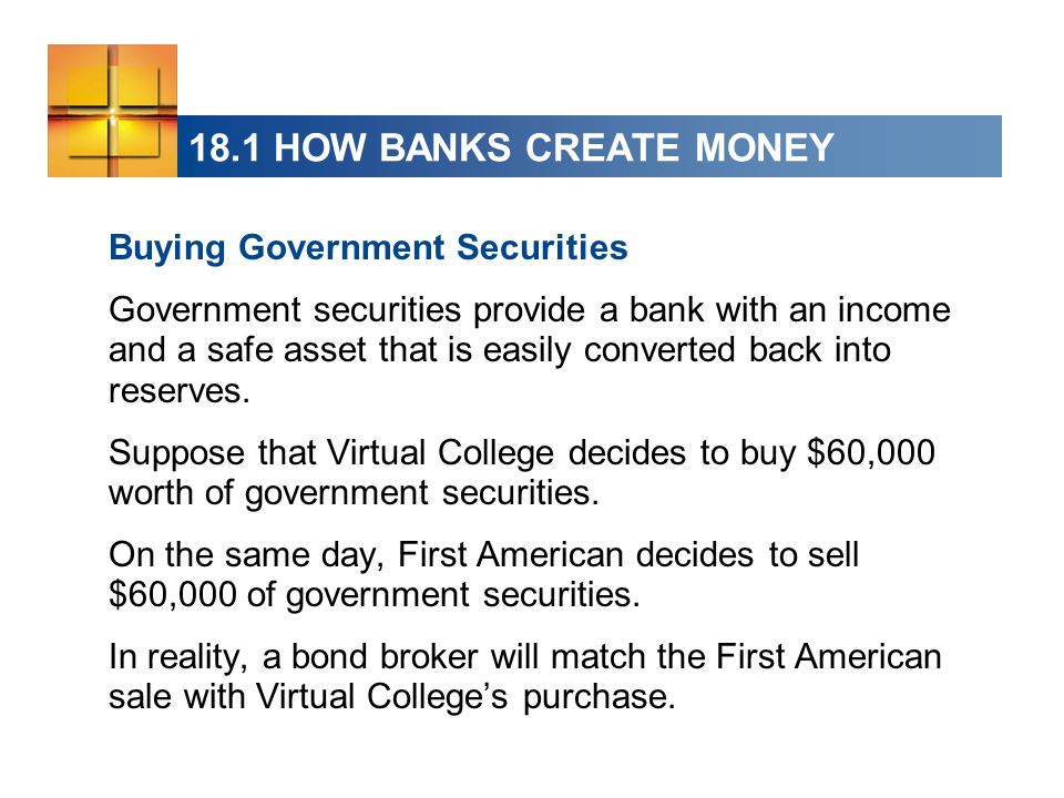 18.1 HOW BANKS CREATE MONEY Buying Government Securities Government securities provide a bank with an income and a safe asset that is easily converted back into reserves.