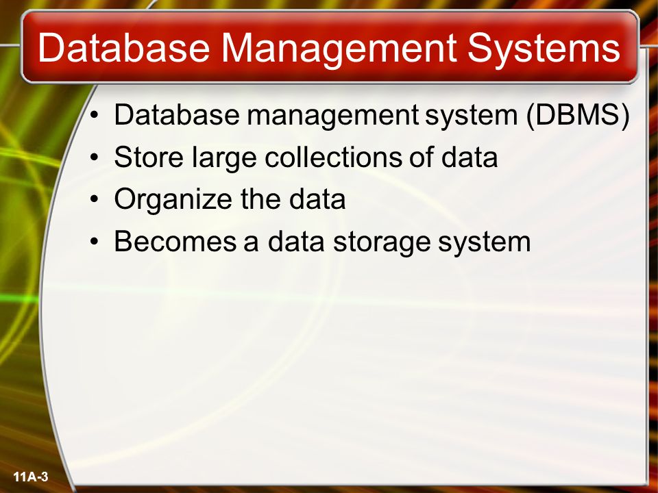11A-3 Database Management Systems Database management system (DBMS) Store large collections of data Organize the data Becomes a data storage system
