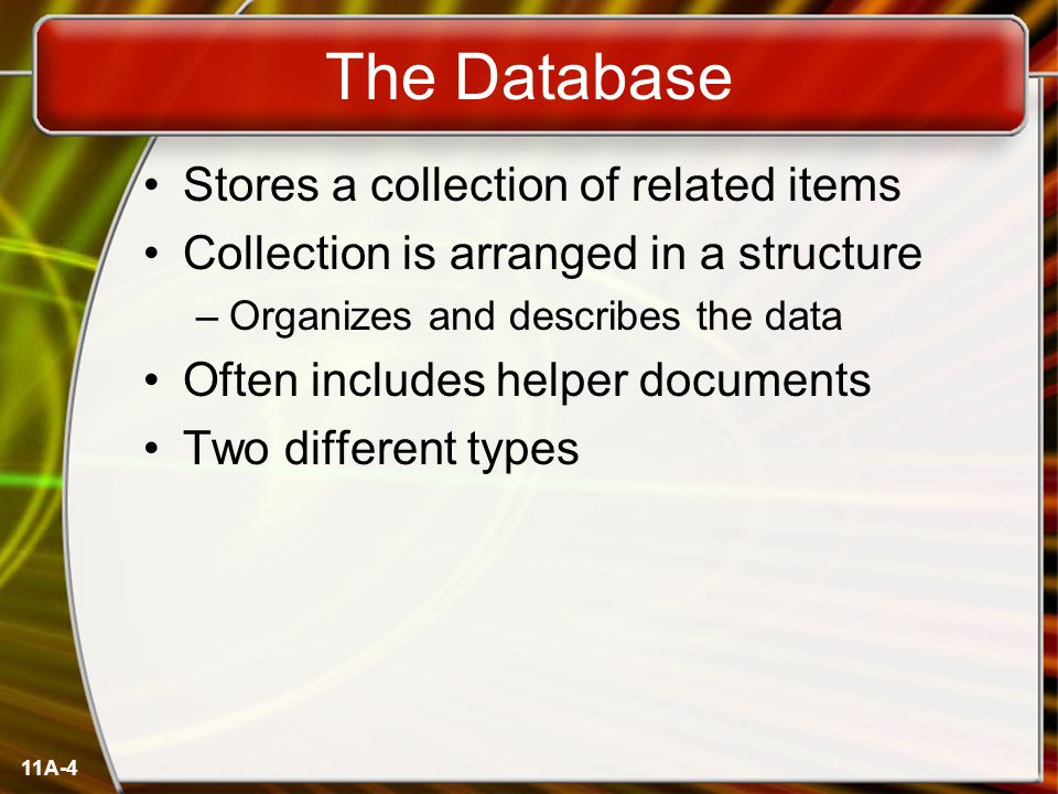 11A-4 The Database Stores a collection of related items Collection is arranged in a structure –Organizes and describes the data Often includes helper documents Two different types