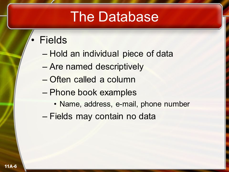 11A-6 The Database Fields –Hold an individual piece of data –Are named descriptively –Often called a column –Phone book examples Name, address,  , phone number –Fields may contain no data