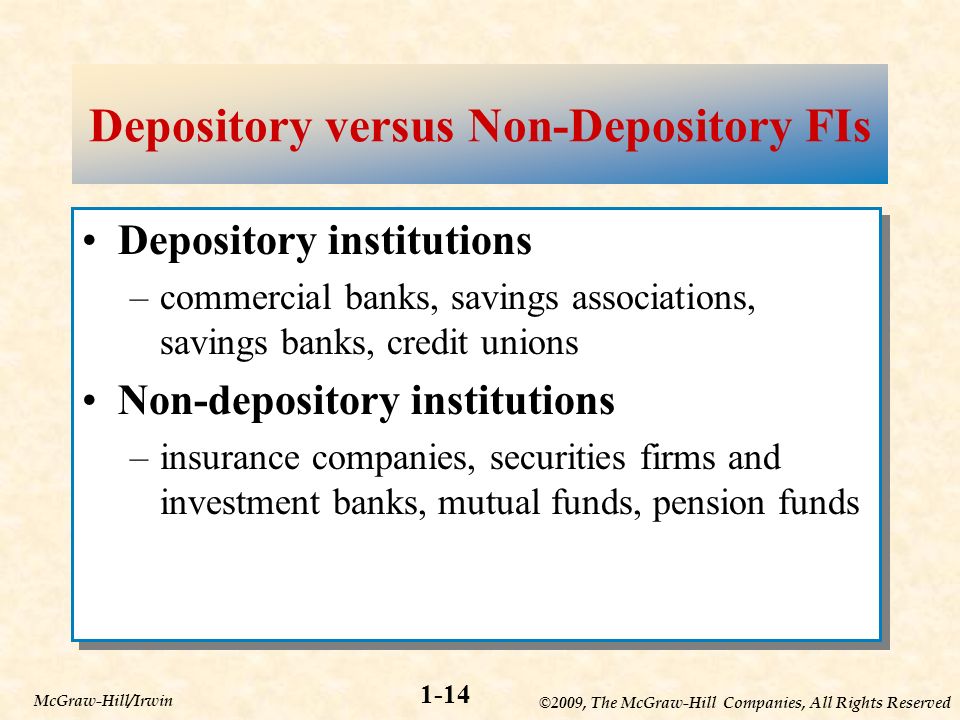 ©2009, The McGraw-Hill Companies, All Rights Reserved 1-14 McGraw-Hill/Irwin Depository versus Non-Depository FIs Depository institutions –commercial banks, savings associations, savings banks, credit unions Non-depository institutions –insurance companies, securities firms and investment banks, mutual funds, pension funds Depository institutions –commercial banks, savings associations, savings banks, credit unions Non-depository institutions –insurance companies, securities firms and investment banks, mutual funds, pension funds
