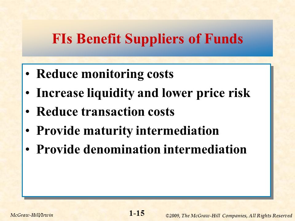 ©2009, The McGraw-Hill Companies, All Rights Reserved 1-15 McGraw-Hill/Irwin FIs Benefit Suppliers of Funds Reduce monitoring costs Increase liquidity and lower price risk Reduce transaction costs Provide maturity intermediation Provide denomination intermediation Reduce monitoring costs Increase liquidity and lower price risk Reduce transaction costs Provide maturity intermediation Provide denomination intermediation