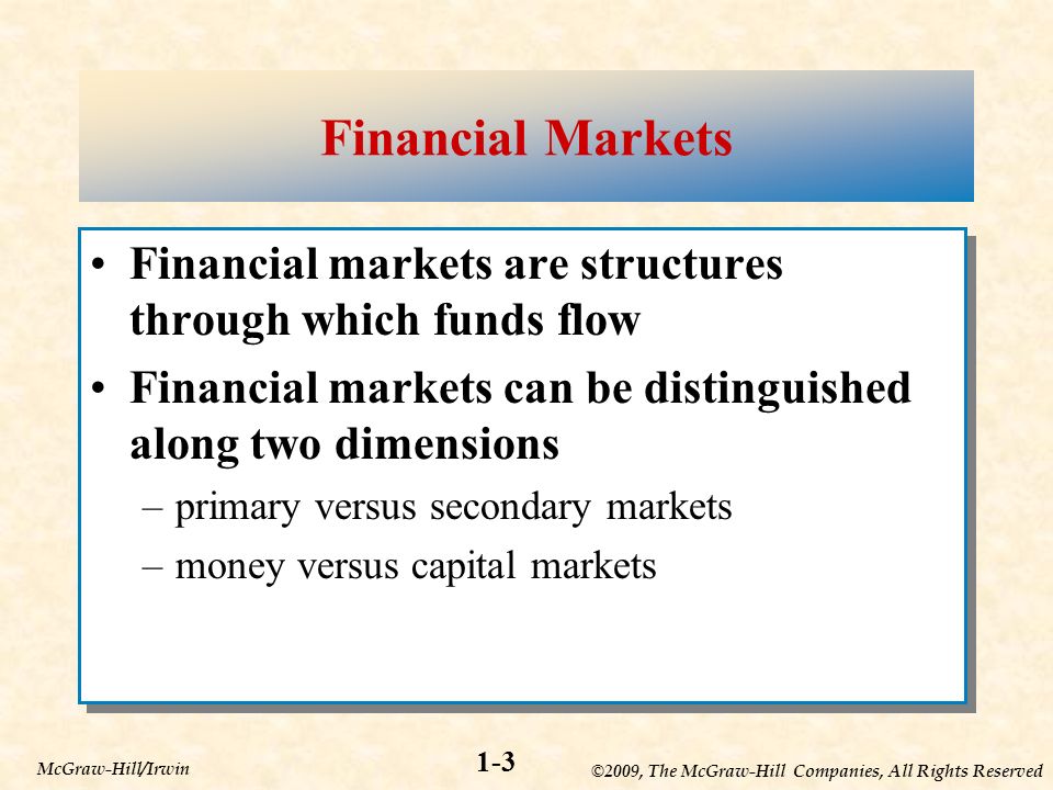 ©2009, The McGraw-Hill Companies, All Rights Reserved 1-3 McGraw-Hill/Irwin Financial Markets Financial markets are structures through which funds flow Financial markets can be distinguished along two dimensions –primary versus secondary markets –money versus capital markets Financial markets are structures through which funds flow Financial markets can be distinguished along two dimensions –primary versus secondary markets –money versus capital markets