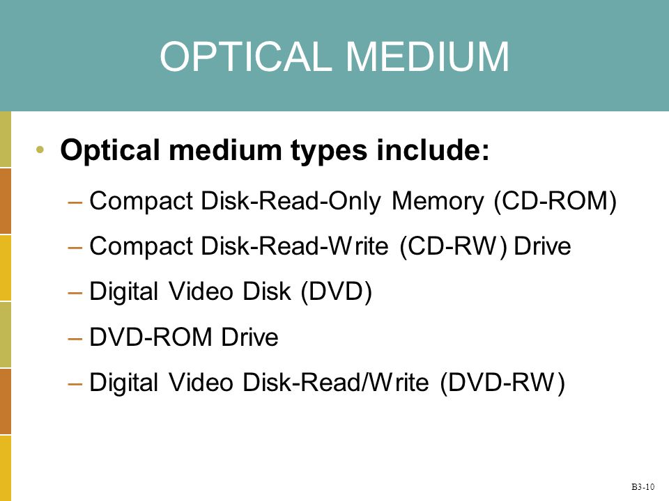 B3-10 OPTICAL MEDIUM Optical medium types include: –Compact Disk-Read-Only Memory (CD-ROM) –Compact Disk-Read-Write (CD-RW) Drive –Digital Video Disk (DVD) –DVD-ROM Drive –Digital Video Disk-Read/Write (DVD-RW)