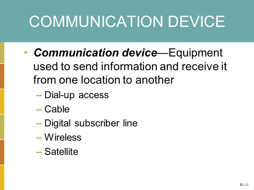 B3-13 COMMUNICATION DEVICE Communication deviceEquipment used to send information and receive it from one location to another –Dial-up access –Cable –Digital subscriber line –Wireless –Satellite