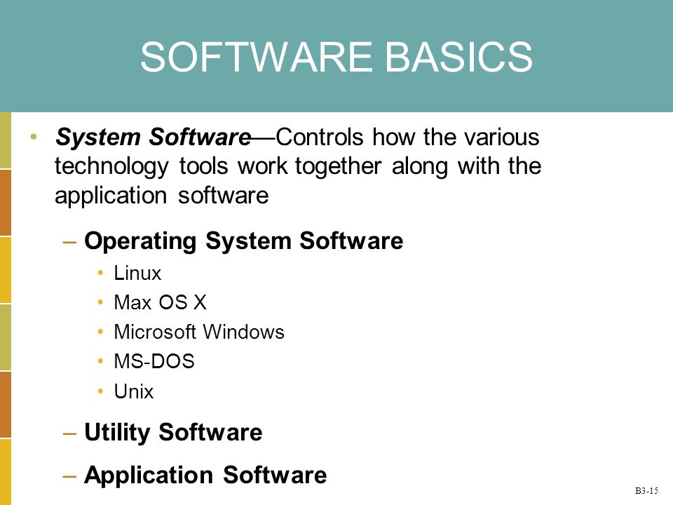 B3-15 SOFTWARE BASICS System SoftwareControls how the various technology tools work together along with the application software –Operating System Software Linux Max OS X Microsoft Windows MS-DOS Unix –Utility Software –Application Software