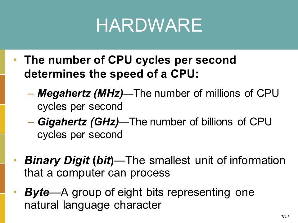 B3-5 HARDWARE The number of CPU cycles per second determines the speed of a CPU: –Megahertz (MHz) The number of millions of CPU cycles per second –Gigahertz (GHz) The number of billions of CPU cycles per second Binary Digit (bit)The smallest unit of information that a computer can process ByteA group of eight bits representing one natural language character