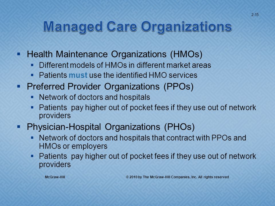 Health Maintenance Organizations (HMOs) Different models of HMOs in different market areas Patients must use the identified HMO services Preferred Provider Organizations (PPOs) Network of doctors and hospitals Patients pay higher out of pocket fees if they use out of network providers Physician-Hospital Organizations (PHOs) Network of doctors and hospitals that contract with PPOs and HMOs or employers Patients pay higher out of pocket fees if they use out of network providers 2-15 McGraw-Hill © 2010 by The McGraw-Hill Companies, Inc.