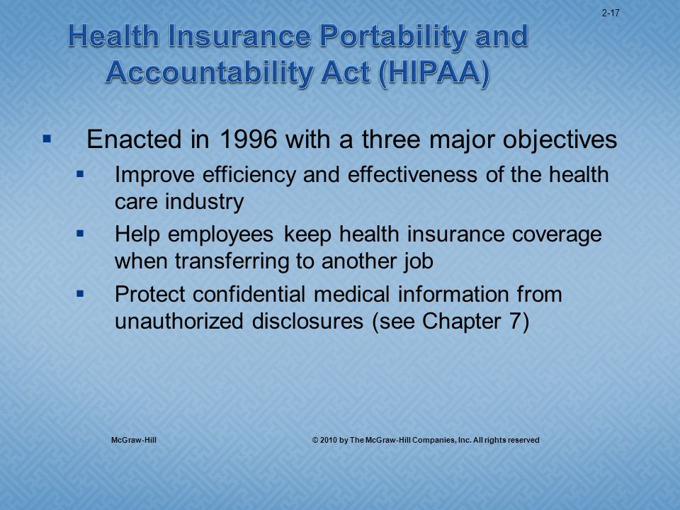 Enacted in 1996 with a three major objectives Improve efficiency and effectiveness of the health care industry Help employees keep health insurance coverage when transferring to another job Protect confidential medical information from unauthorized disclosures (see Chapter 7) McGraw-Hill © 2010 by The McGraw-Hill Companies, Inc.