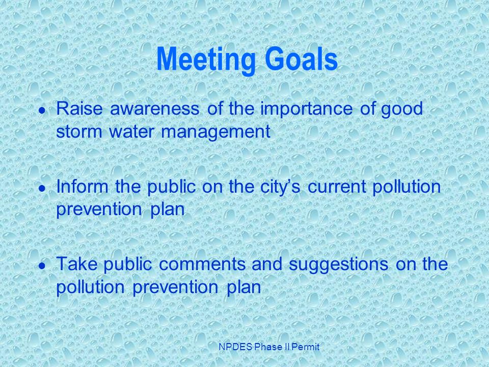 NPDES Phase II Permit Meeting Goals Raise awareness of the importance of good storm water management Inform the public on the citys current pollution prevention plan Take public comments and suggestions on the pollution prevention plan