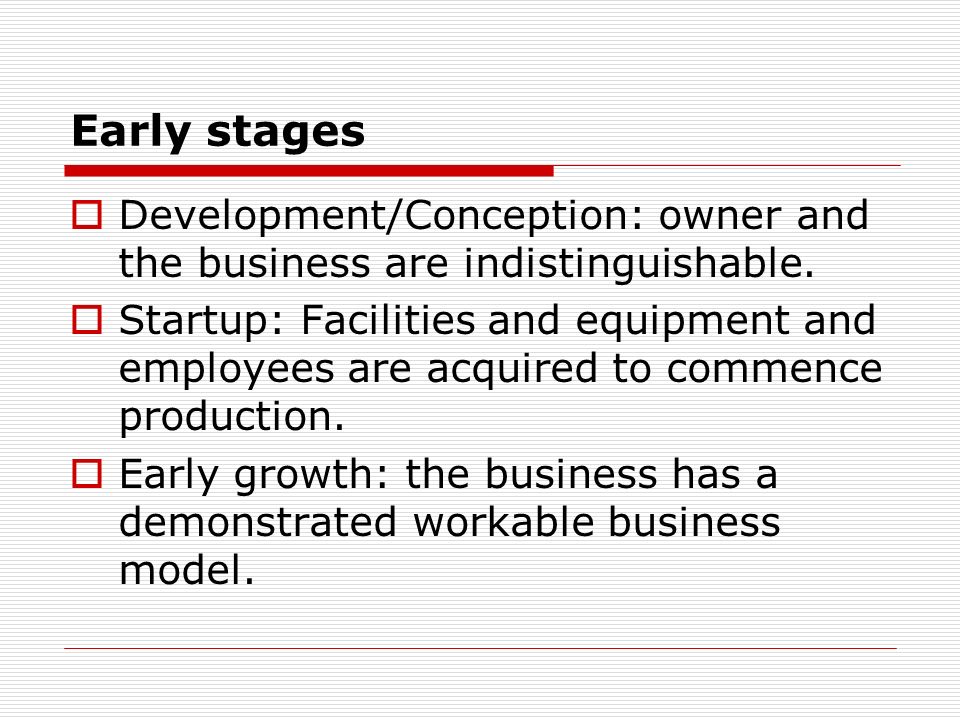 Early stages Development/Conception: owner and the business are indistinguishable.