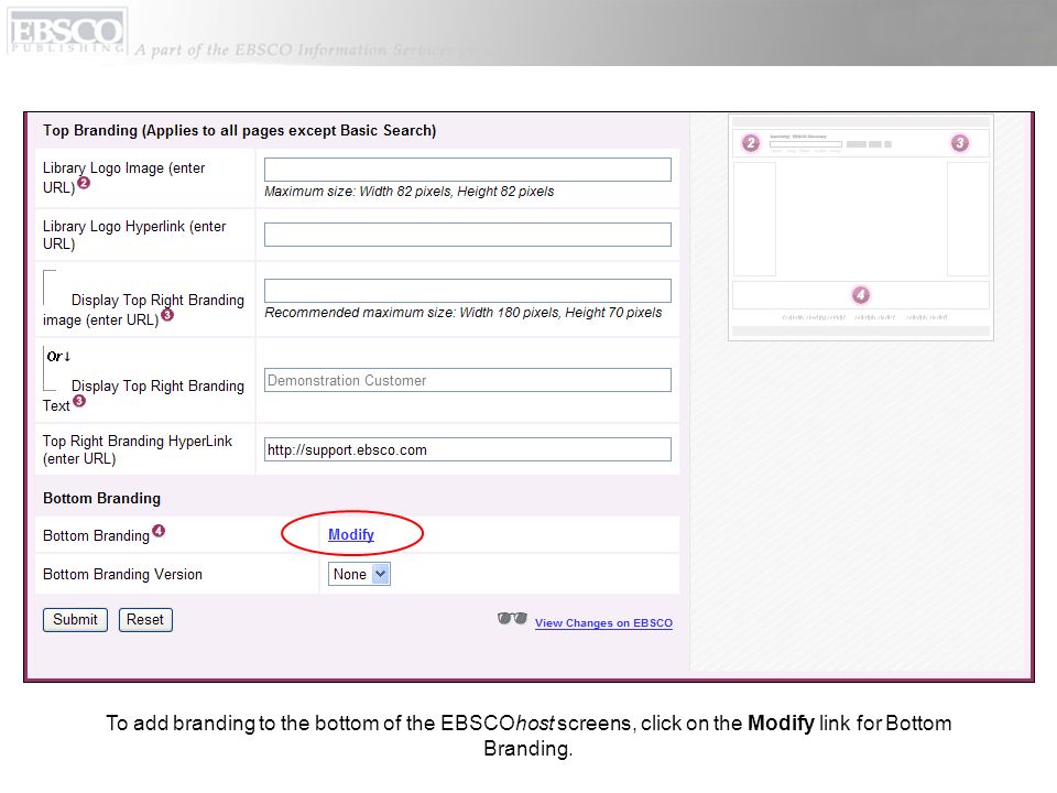To add branding to the bottom of the EBSCOhost screens, click on the Modify link for Bottom Branding.