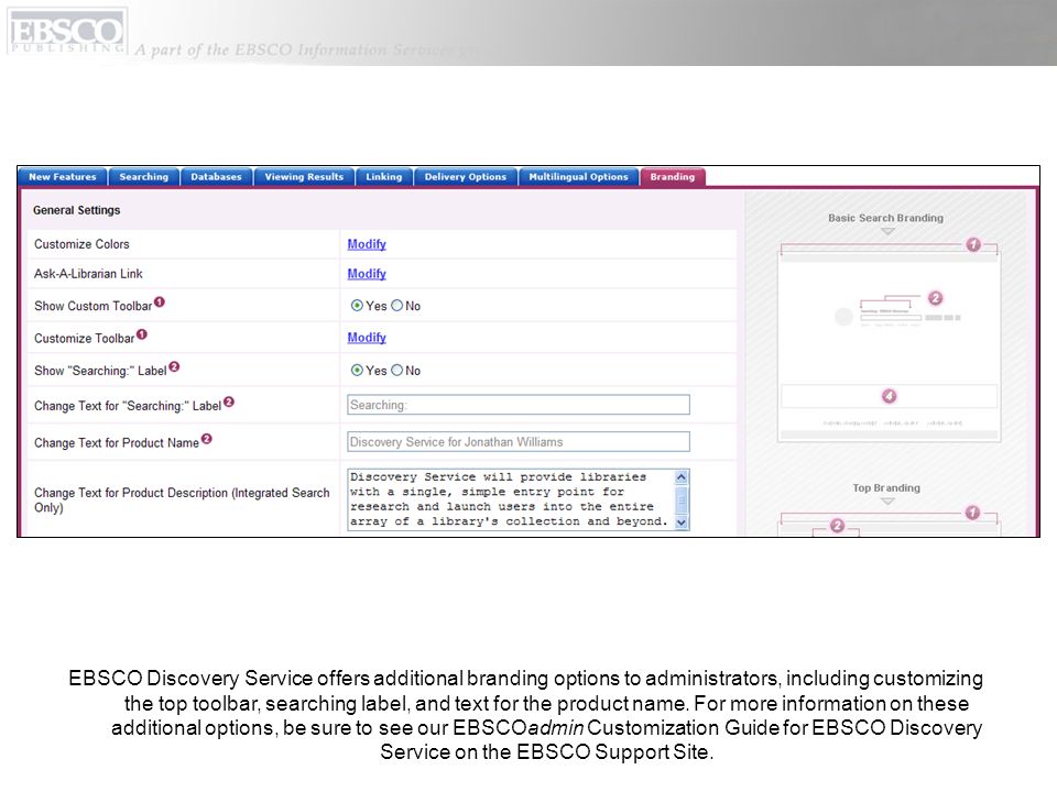 EBSCO Discovery Service offers additional branding options to administrators, including customizing the top toolbar, searching label, and text for the product name.