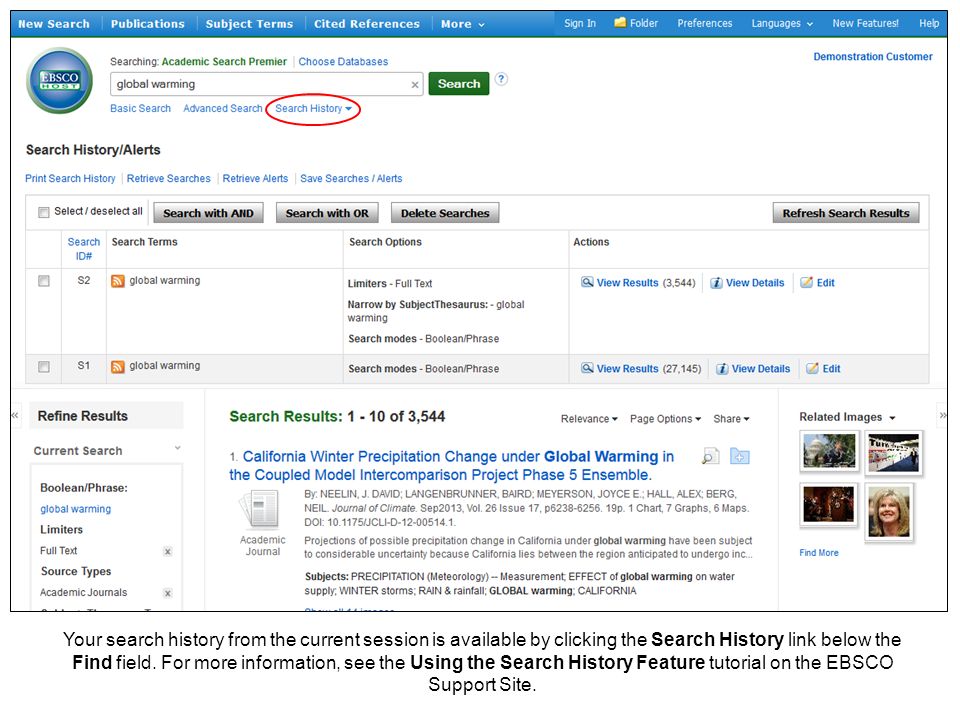 Your search history from the current session is available by clicking the Search History link below the Find field.