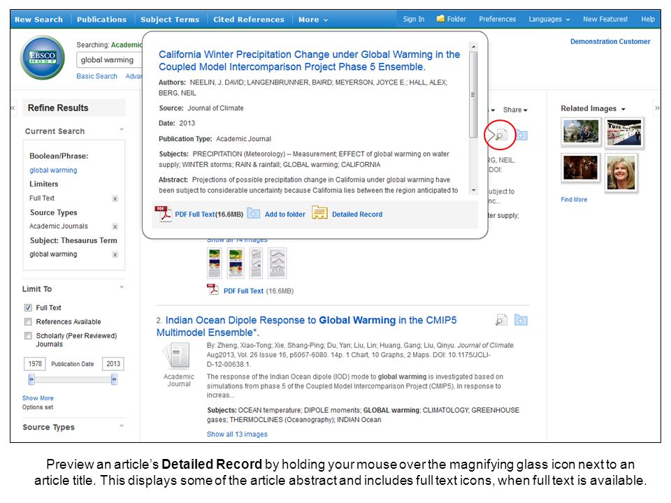 Preview an articles Detailed Record by holding your mouse over the magnifying glass icon next to an article title.