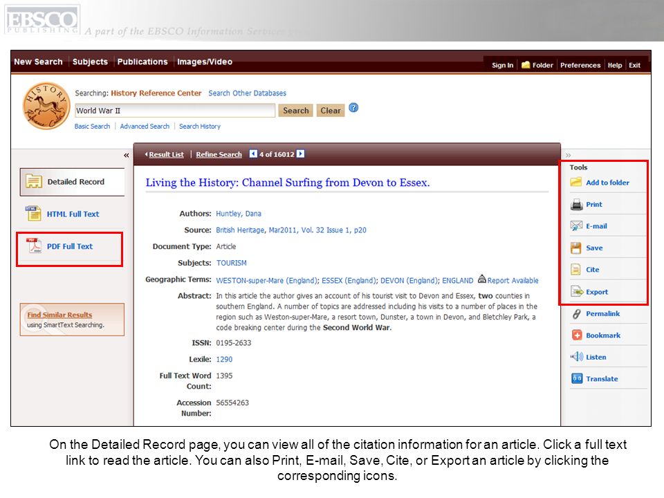 On the Detailed Record page, you can view all of the citation information for an article.