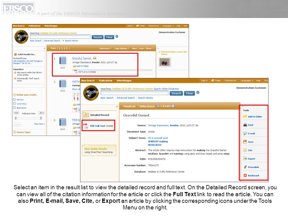 Select an item in the result list to view the detailed record and full text.