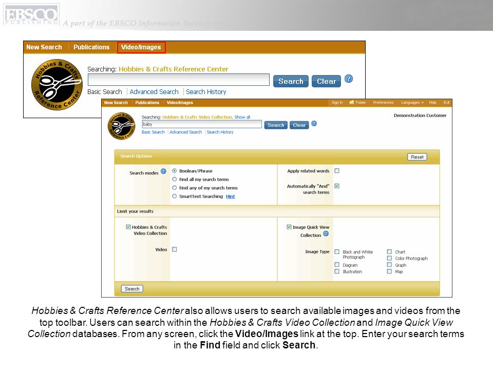 Hobbies & Crafts Reference Center also allows users to search available images and videos from the top toolbar.