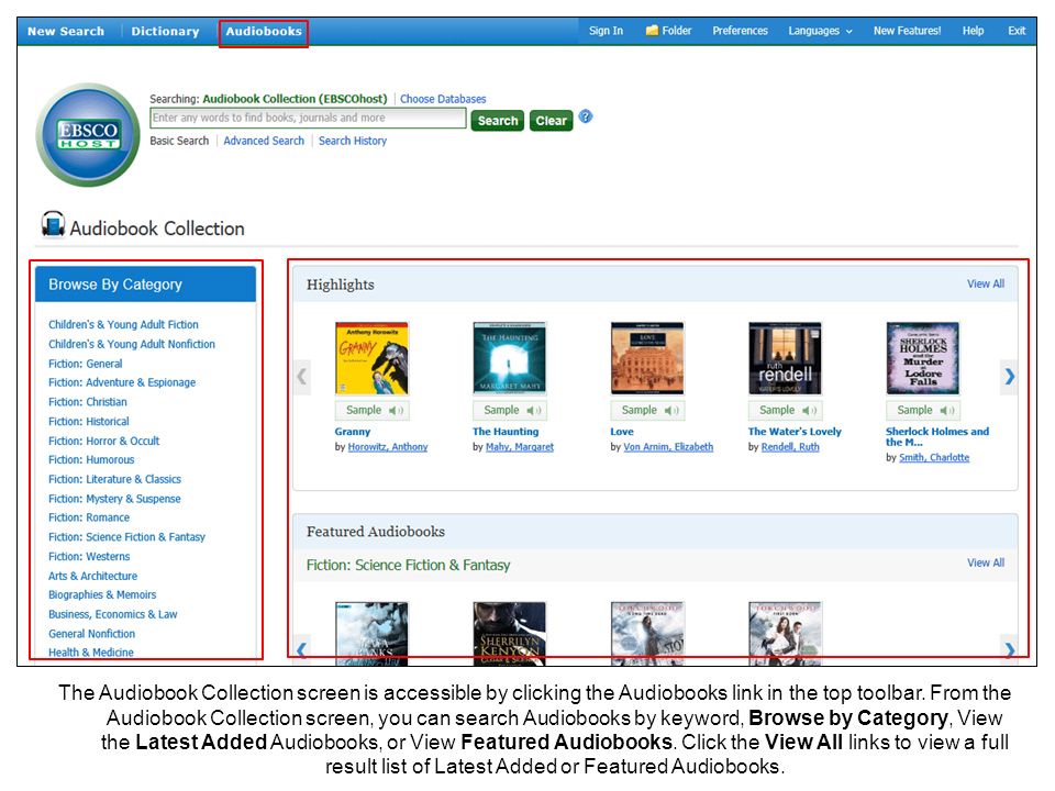 The Audiobook Collection screen is accessible by clicking the Audiobooks link in the top toolbar.