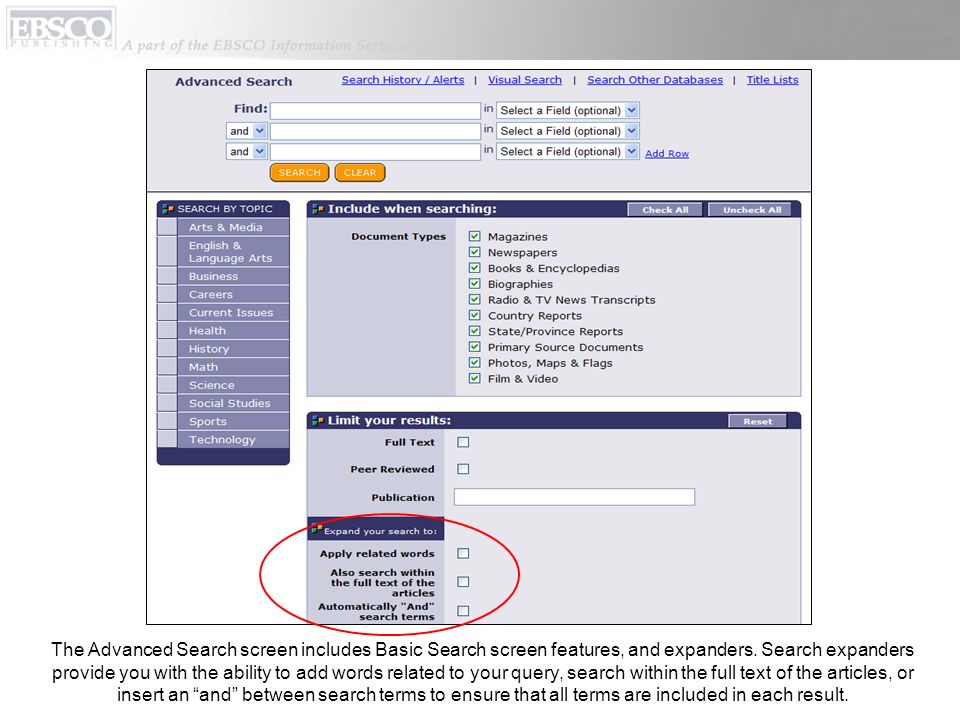The Advanced Search screen includes Basic Search screen features, and expanders.