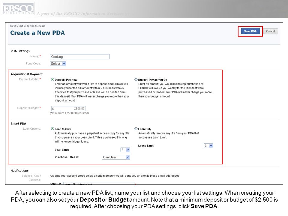 After selecting to create a new PDA list, name your list and choose your list settings.
