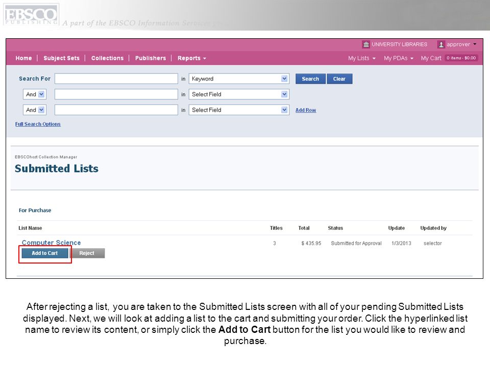 After rejecting a list, you are taken to the Submitted Lists screen with all of your pending Submitted Lists displayed.