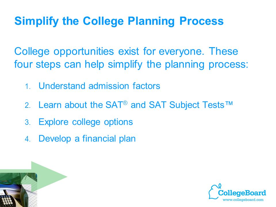 Simplify the College Planning Process 1. Understand admission factors 2.