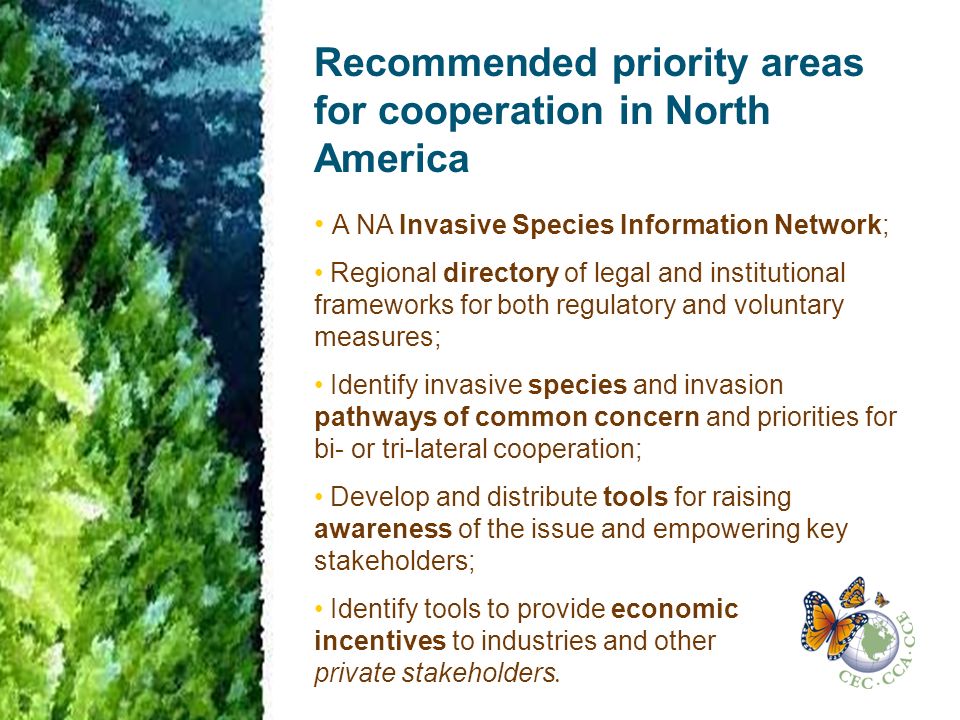 Recommended priority areas for cooperation in North America A NA Invasive Species Information Network; Regional directory of legal and institutional frameworks for both regulatory and voluntary measures; Identify invasive species and invasion pathways of common concern and priorities for bi- or tri-lateral cooperation; Develop and distribute tools for raising awareness of the issue and empowering key stakeholders; Identify tools to provide economic incentives to industries and other private stakeholders.