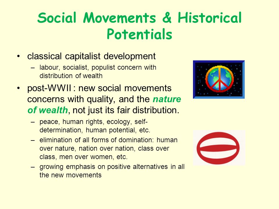 Social Movements & Historical Potentials classical capitalist development –labour, socialist, populist concern with distribution of wealth post-WWII : new social movements concerns with quality, and the nature of wealth, not just its fair distribution.