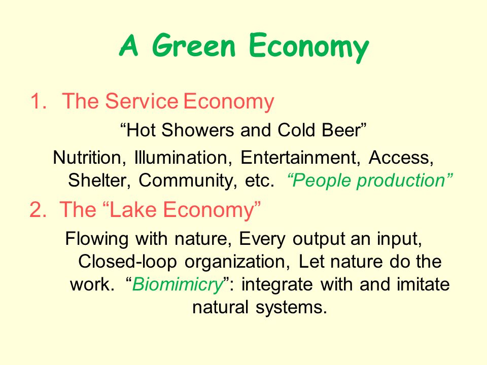 A Green Economy 1.The Service Economy Hot Showers and Cold Beer Nutrition, Illumination, Entertainment, Access, Shelter, Community, etc.