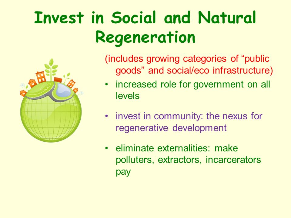 Invest in Social and Natural Regeneration (includes growing categories of public goods and social/eco infrastructure) increased role for government on all levels invest in community: the nexus for regenerative development eliminate externalities: make polluters, extractors, incarcerators pay