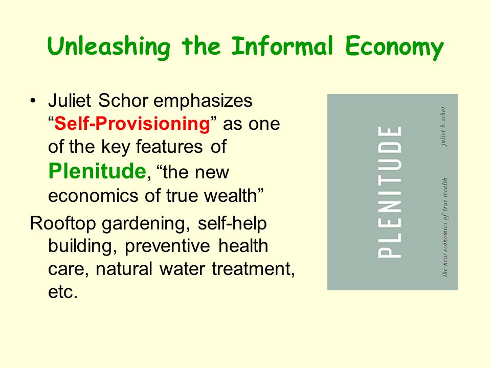 Unleashing the Informal Economy Juliet Schor emphasizesSelf-Provisioning as one of the key features of Plenitude, the new economics of true wealth Rooftop gardening, self-help building, preventive health care, natural water treatment, etc.