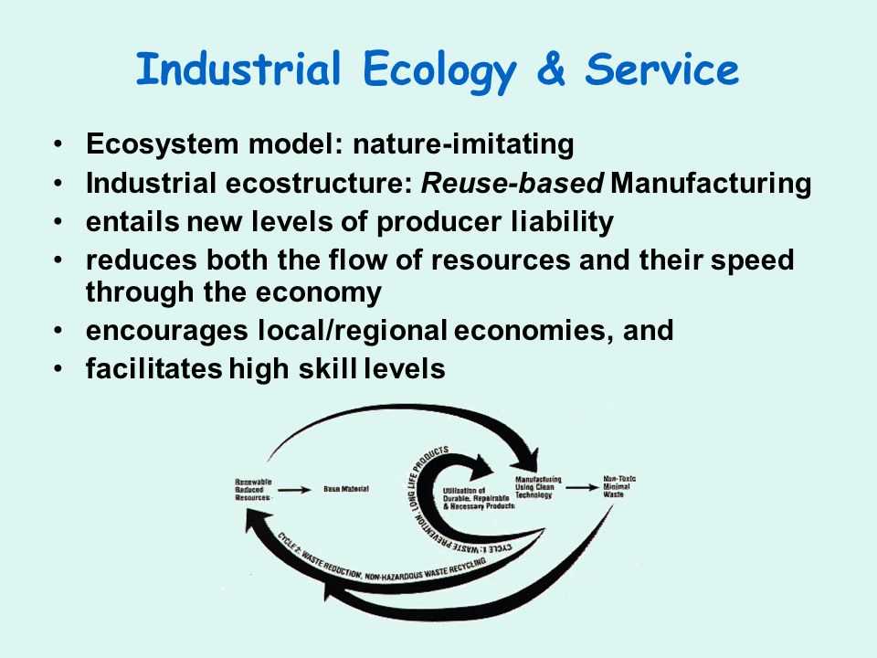 Industrial Ecology & Service Ecosystem model: nature-imitating Industrial ecostructure: Reuse-based Manufacturing entails new levels of producer liability reduces both the flow of resources and their speed through the economy encourages local/regional economies, and facilitates high skill levels