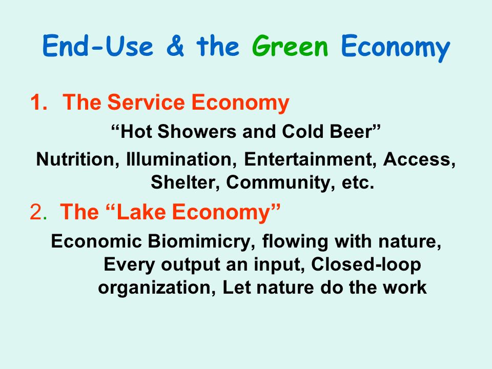 End-Use & the Green Economy 1.The Service Economy Hot Showers and Cold Beer Nutrition, Illumination, Entertainment, Access, Shelter, Community, etc.