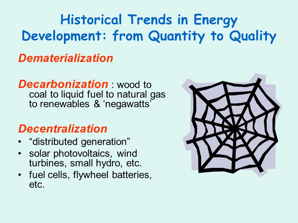 Historical Trends in Energy Development: from Quantity to Quality Dematerialization Decarbonization : wood to coal to liquid fuel to natural gas to renewables & negawatts Decentralization distributed generation solar photovoltaics, wind turbines, small hydro, etc.