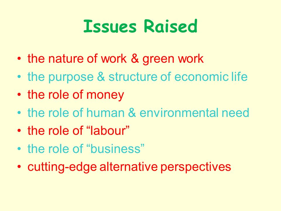 Issues Raised the nature of work & green work the purpose & structure of economic life the role of money the role of human & environmental need the role of labour the role of business cutting-edge alternative perspectives