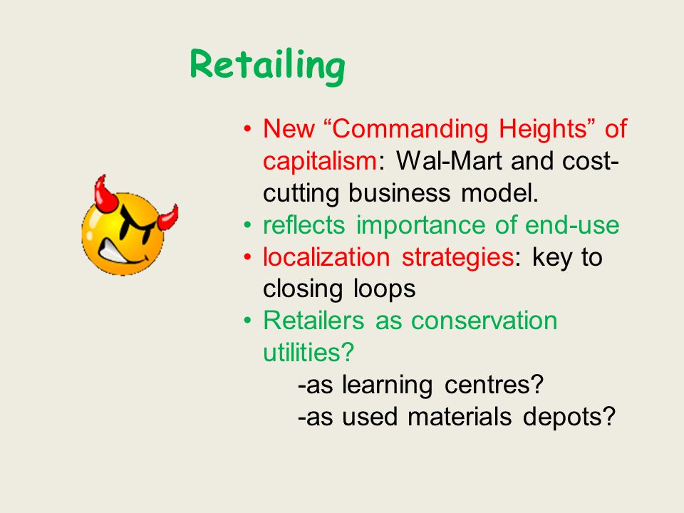 Retailing New Commanding Heights of capitalism: Wal-Mart and cost- cutting business model.