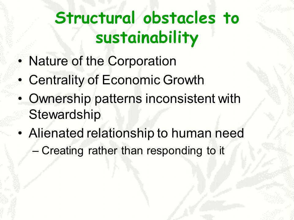 Structural obstacles to sustainability Nature of the Corporation Centrality of Economic Growth Ownership patterns inconsistent with Stewardship Alienated relationship to human need –Creating rather than responding to it