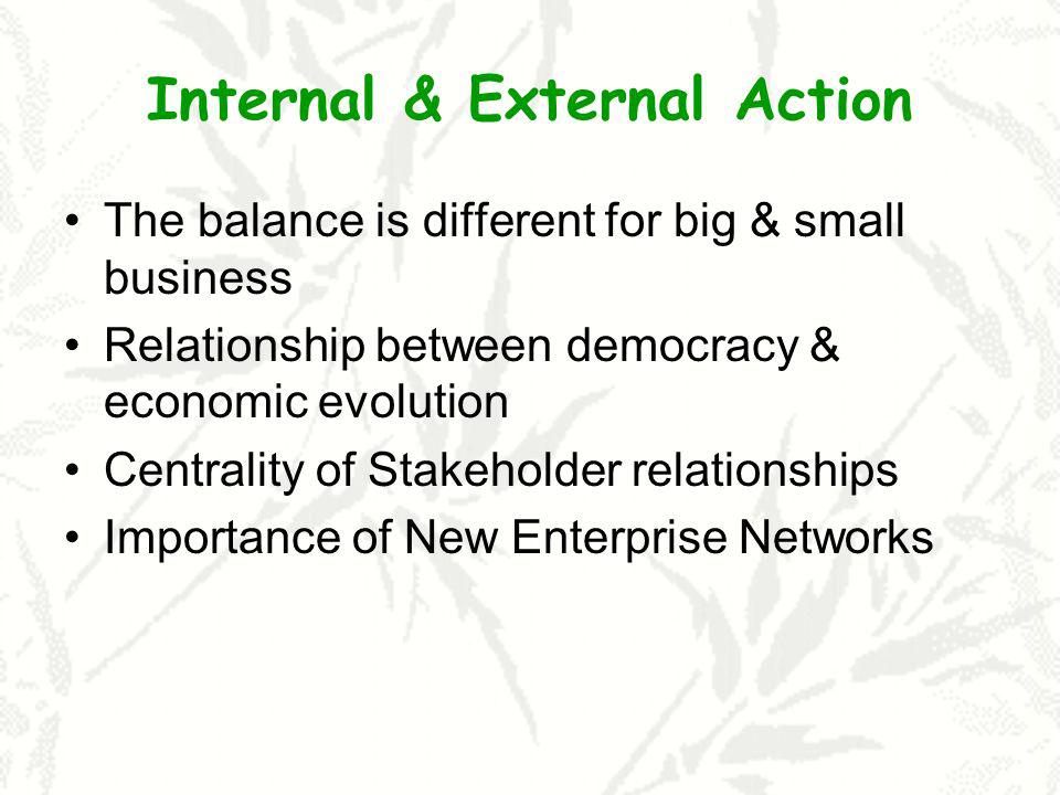 Internal & External Action The balance is different for big & small business Relationship between democracy & economic evolution Centrality of Stakeholder relationships Importance of New Enterprise Networks