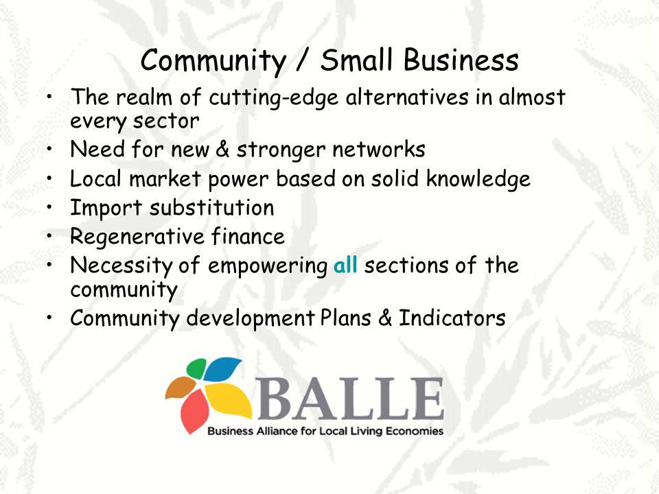 Community / Small Business The realm of cutting-edge alternatives in almost every sector Need for new & stronger networks Local market power based on solid knowledge Import substitution Regenerative finance Necessity of empowering all sections of the community Community development Plans & Indicators