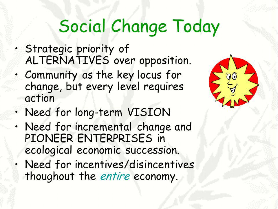 Social Change Today Strategic priority of ALTERNATIVES over opposition.