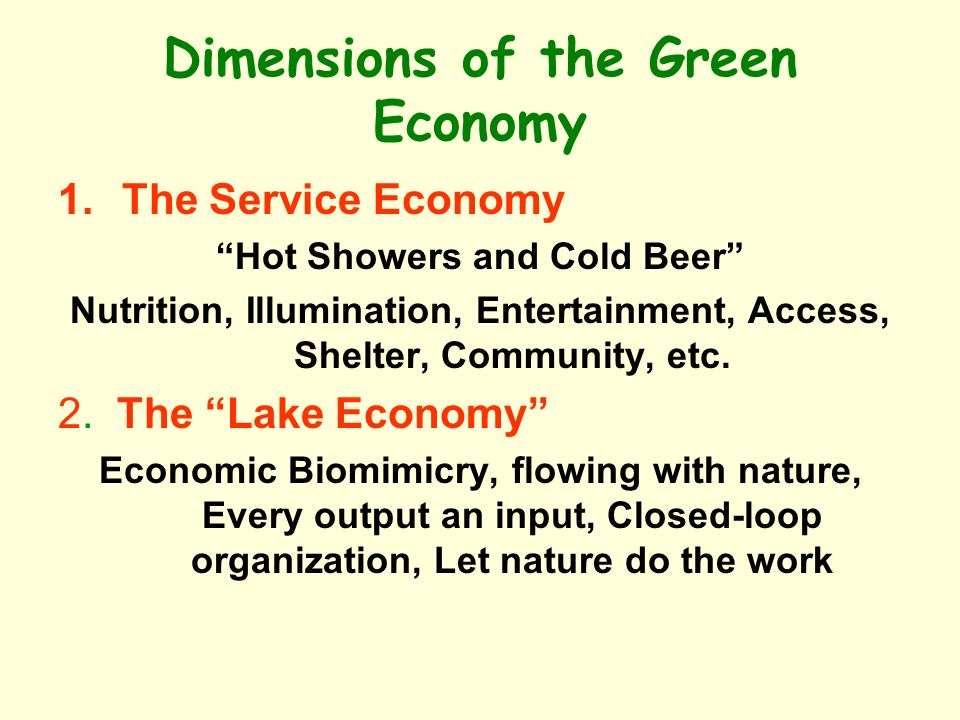 Dimensions of the Green Economy 1.The Service Economy Hot Showers and Cold Beer Nutrition, Illumination, Entertainment, Access, Shelter, Community, etc.