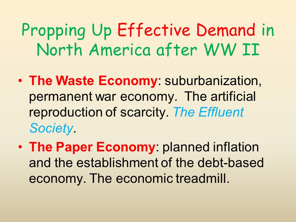 Propping Up Effective Demand in North America after WW II The Waste Economy: suburbanization, permanent war economy.