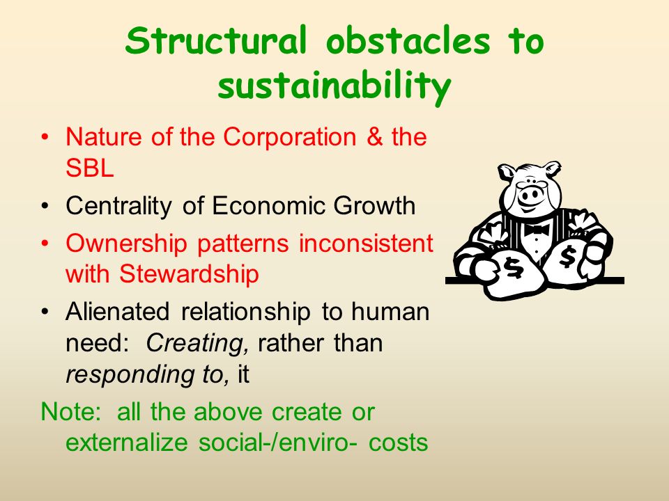 Structural obstacles to sustainability Nature of the Corporation & the SBL Centrality of Economic Growth Ownership patterns inconsistent with Stewardship Alienated relationship to human need: Creating, rather than responding to, it Note: all the above create or externalize social-/enviro- costs