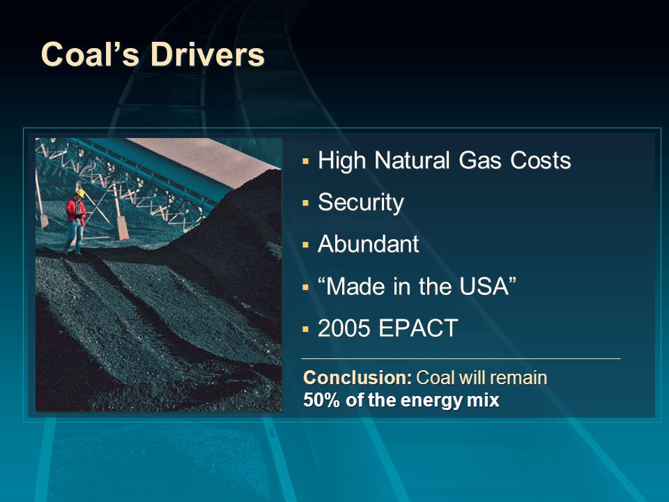 Coals Drivers High Natural Gas Costs Security Abundant Made in the USA 2005 EPACT High Natural Gas Costs Security Abundant Made in the USA 2005 EPACT Conclusion: Coal will remain 50% of the energy mix