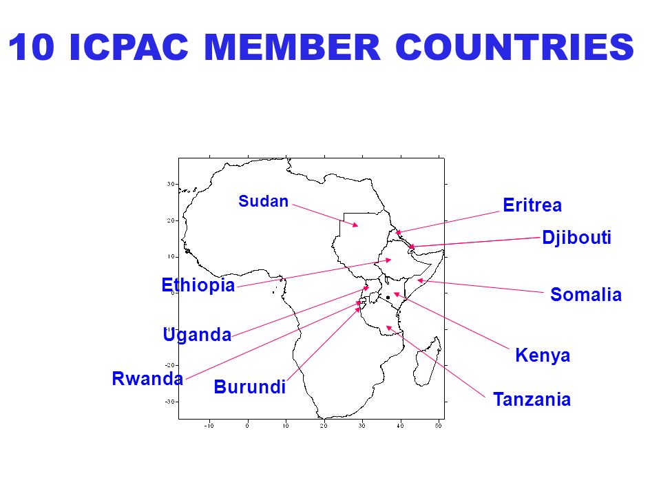 Djibouti Ethiopia Eritrea Somalia Kenya Burundi Rwanda Uganda Tanzania Sudan 10 ICPAC MEMBER COUNTRIES