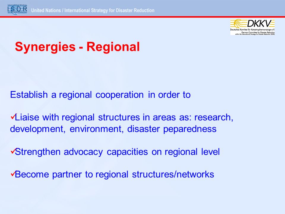 Establish a regional cooperation in order to Liaise with regional structures in areas as: research, development, environment, disaster peparedness Strengthen advocacy capacities on regional level Become partner to regional structures/networks Synergies - Regional